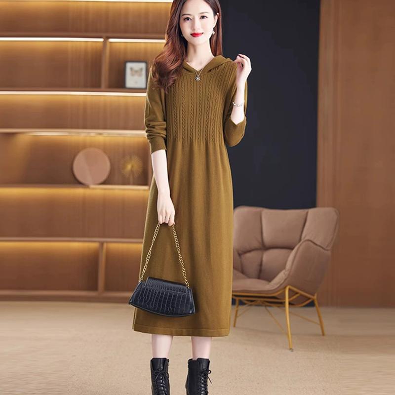 Herbstkleid Damen Strickpullover Locker Lässig Streifen Herbst Elegant Langes Maxikleid Grün One Size hellbraun von Joom DACH
