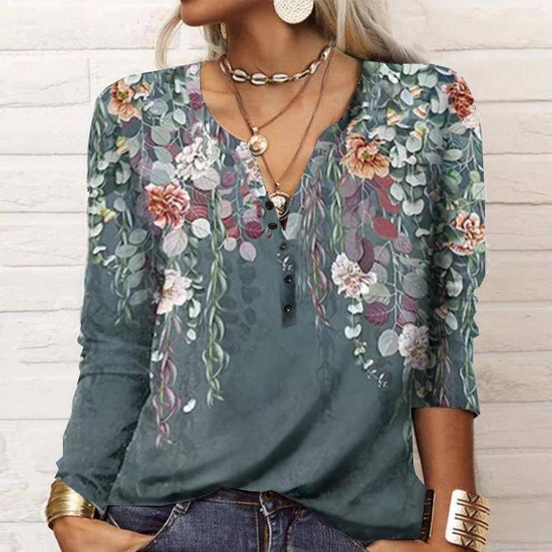 Herbstknöpfe Halboffener Kragen Ethno Bohemian Mittellang bis lang T-Shirt Damen Langarm Übergröße Top 4XL grün von Joom DACH