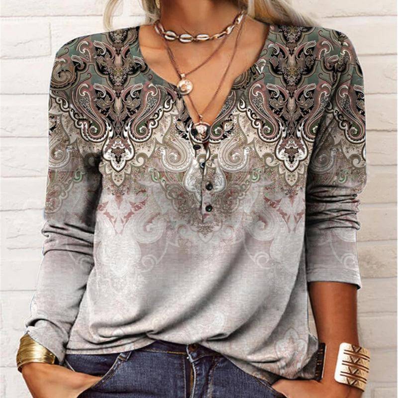 Herbstknöpfe Halboffener Kragen Ethno Bohemian Mittellang bis lang T-Shirt Damen Langarm Übergröße Top 4XL von Joom DACH