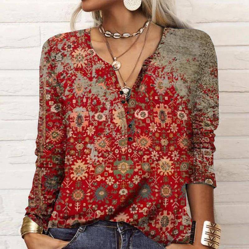 Herbstknöpfe Halboffener Kragen Ethno Bohemian Mittellang bis lang T-Shirt Damen Langarm Übergröße Top 5XL von Joom DACH