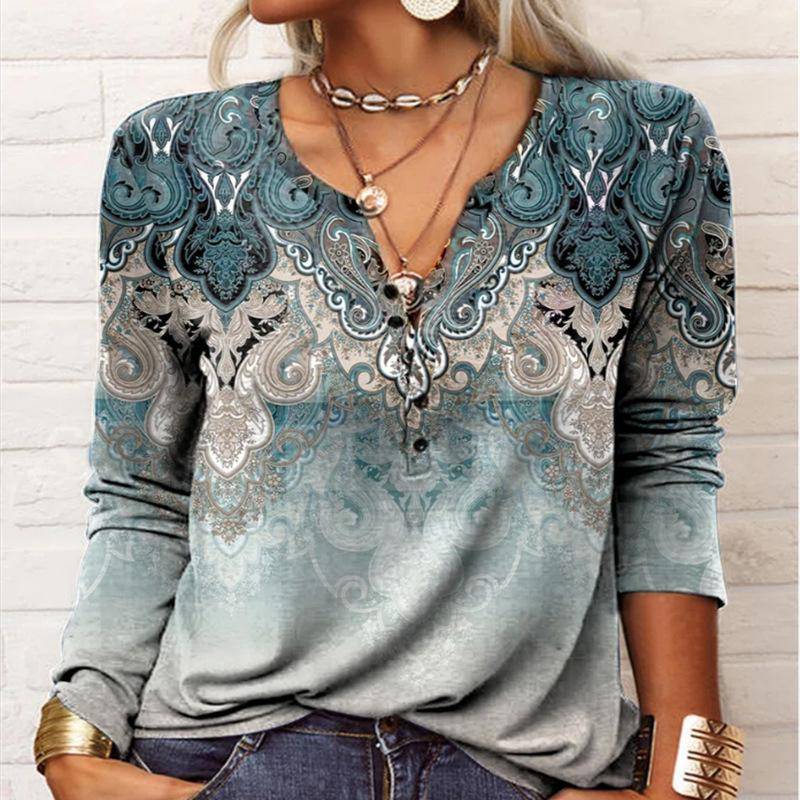 Herbstknöpfe Halboffener Kragen Ethno Bohemian Mittellang bis lang T-Shirt Damen Langarm Übergröße Top L von Joom DACH