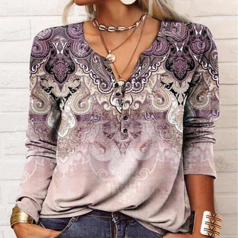 Herbstknöpfe Halboffener Kragen Ethno Bohemian Mittellang bis lang T-Shirt Damen Langarm Übergröße Top XXL Herbstknöpfe Halboffener Kragen Ethno Bohemian Mittellang bis lang T-Shirt Damen Langarm Übergröße Top XXL von Joom DACH