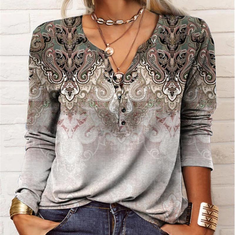 Herbstknöpfe Halboffener Kragen Ethno Bohemian Mittellang bis lang T-Shirt Damen Langarm Übergröße Top XXL von Joom DACH