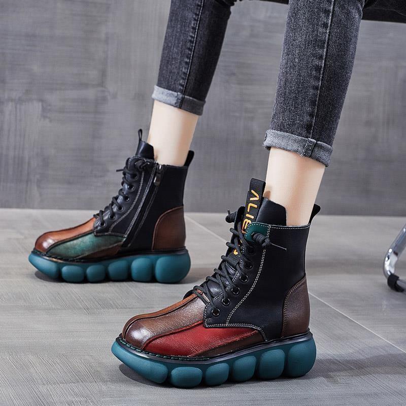 Herbstliche gemischte Farben Schuhe Damen Stiefel Mode Runde Zehe Schnürung Retro Handgefertigt Lässige Plateau-Stiefeletten Damen Kurze Stiefel 38 von Joom DACH