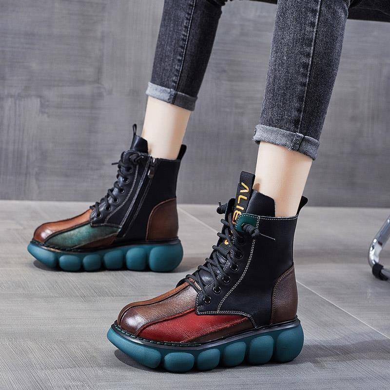 Herbstliche gemischte Farben Schuhe Damen Stiefel Mode Runde Zehe Schnürung Retro Handgefertigt Lässige Plateau-Stiefeletten Damen Kurze Stiefel 38 von Joom DACH