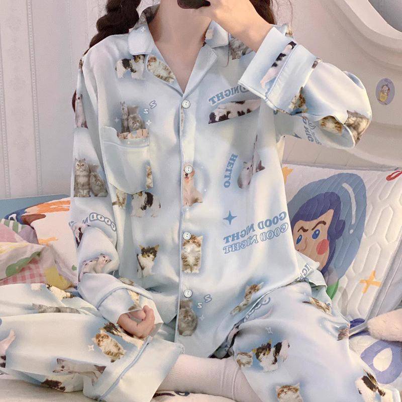 Herbstlicher, weicher Pyjama für Damen, Strickjacken-Set mit Reversknopf für Damen, 2-teilig, süßer Pyjama mit Katzendruck für Mädchen XXL von Joom DACH