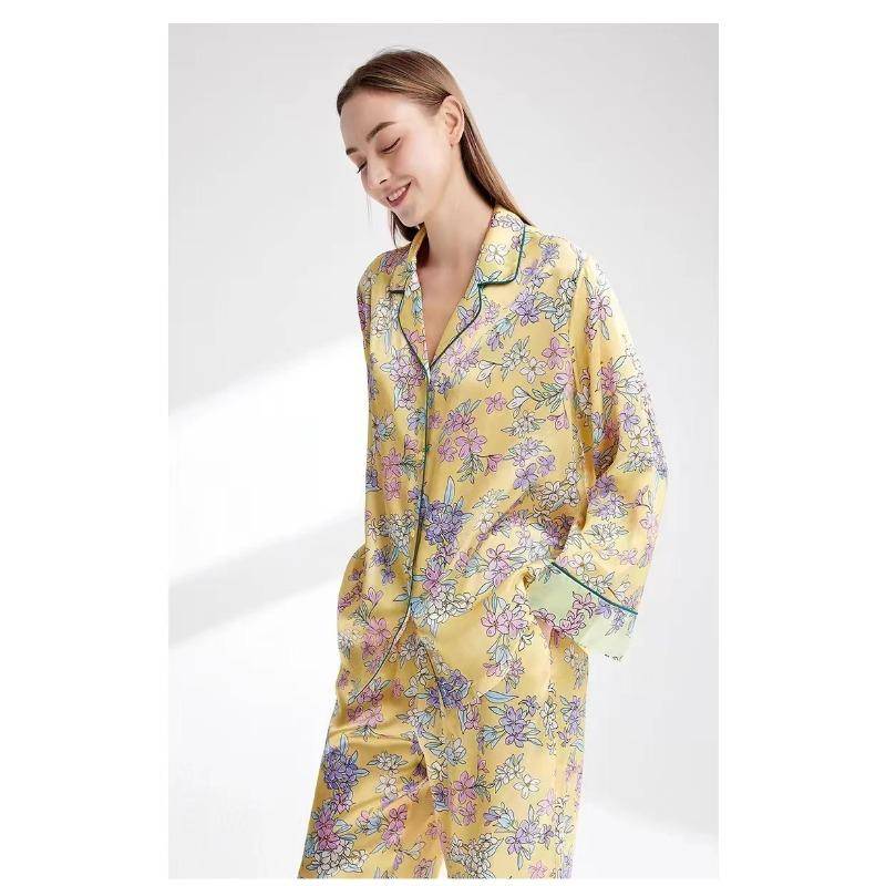 Herbstlicher Damen-Pyjama aus Maulbeerseide mit Print, langer Pyjama, Reversknopf, Strickjacke, Outfits, Loungewear, Pyjamas aus reiner Seide, 2-teiliges Pyjama-Set XL gelb von Joom DACH