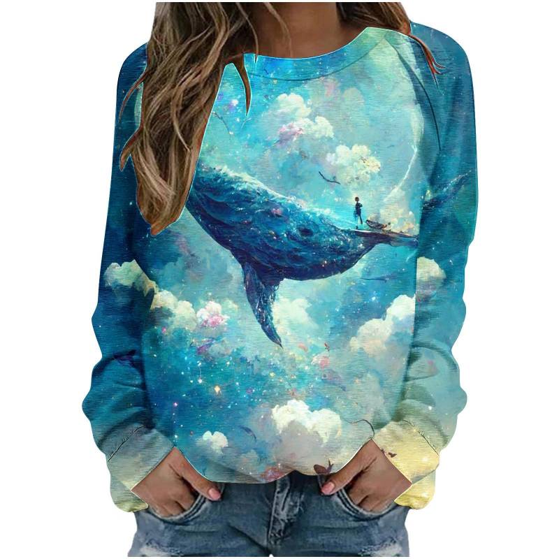 Herbstliches Rundhals-T-Shirt für Damen in Blau mit lockerem Schnitt und langen Ärmeln, Sweatshirt mit Wal-3D-Druck 3XL von Joom DACH