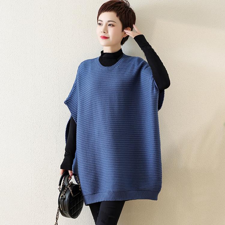 Herbstpullover Weste Damen Gestreifter Druck Einfarbig Fledermaus Ärmellos Strickpullover Lockerer Pullover One Size blau von Joom DACH