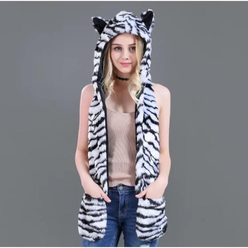 Herren/Damen Kunstpelz Kapuze Tiermütze Ohrenklappen Handschuhe 3in1 Tierfellmütze Wolf Plüsch Warme Kunstpelzmütze Mütze mit Schal Handschuhe One Size von Joom DACH