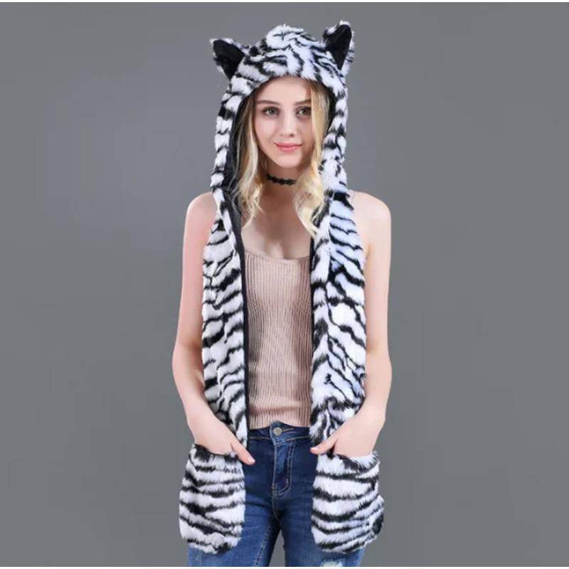 Herren/Damen Kunstpelz Kapuze Tiermütze Ohrenklappen Handschuhe 3in1 Tierfellmütze Wolf Plüsch Warme Kunstpelzmütze Mütze mit Schal Handschuhe One Size von Joom DACH