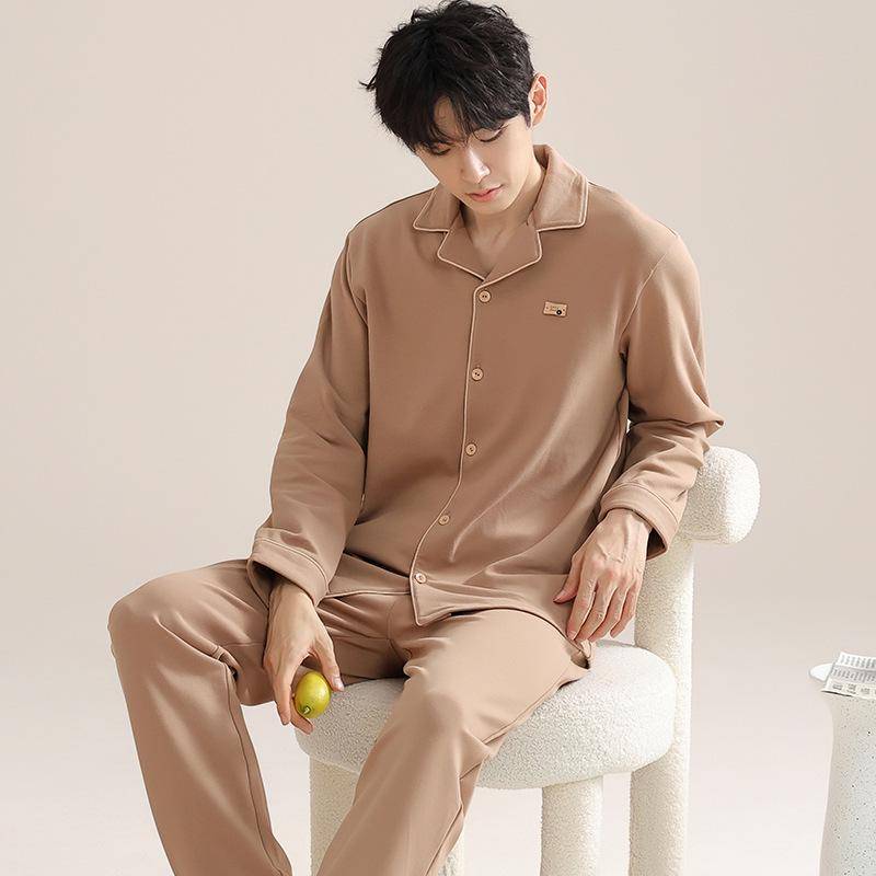 Herren 100% Reine Baumwolle Langarm Strickjacke Revers Pyjama Set - Koreanischer Stil Homewear Zweiteiler aus reiner Baumwolle 3XL (recommended 82.5-100 kg) von Joom DACH