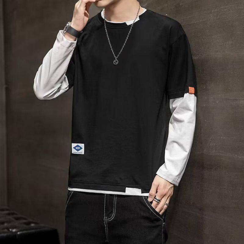 Herren 2022 Herbstmode Langarm Fake Zweiteiliges Loses T-Shirt im koreanischen Stil L schwarz von Joom DACH
