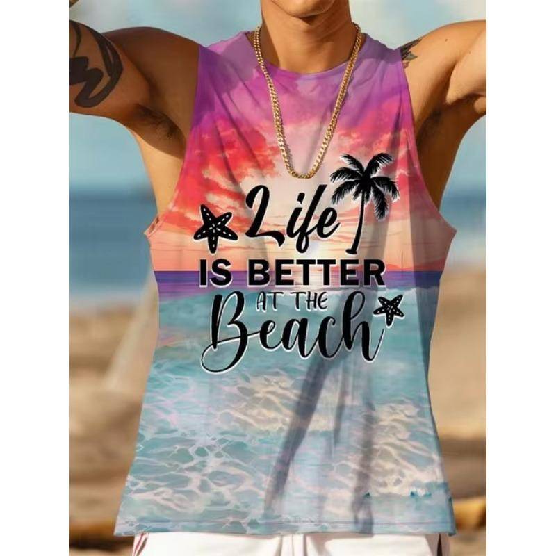 Herren 3D-Druck Hawaiian Ärmellose Weste Sommer Strand Rettungsschwimmer Freizeitkleidung Herren Rundhals Outdoor Sport T-Shirt Top S-5XL XL von Joom DACH