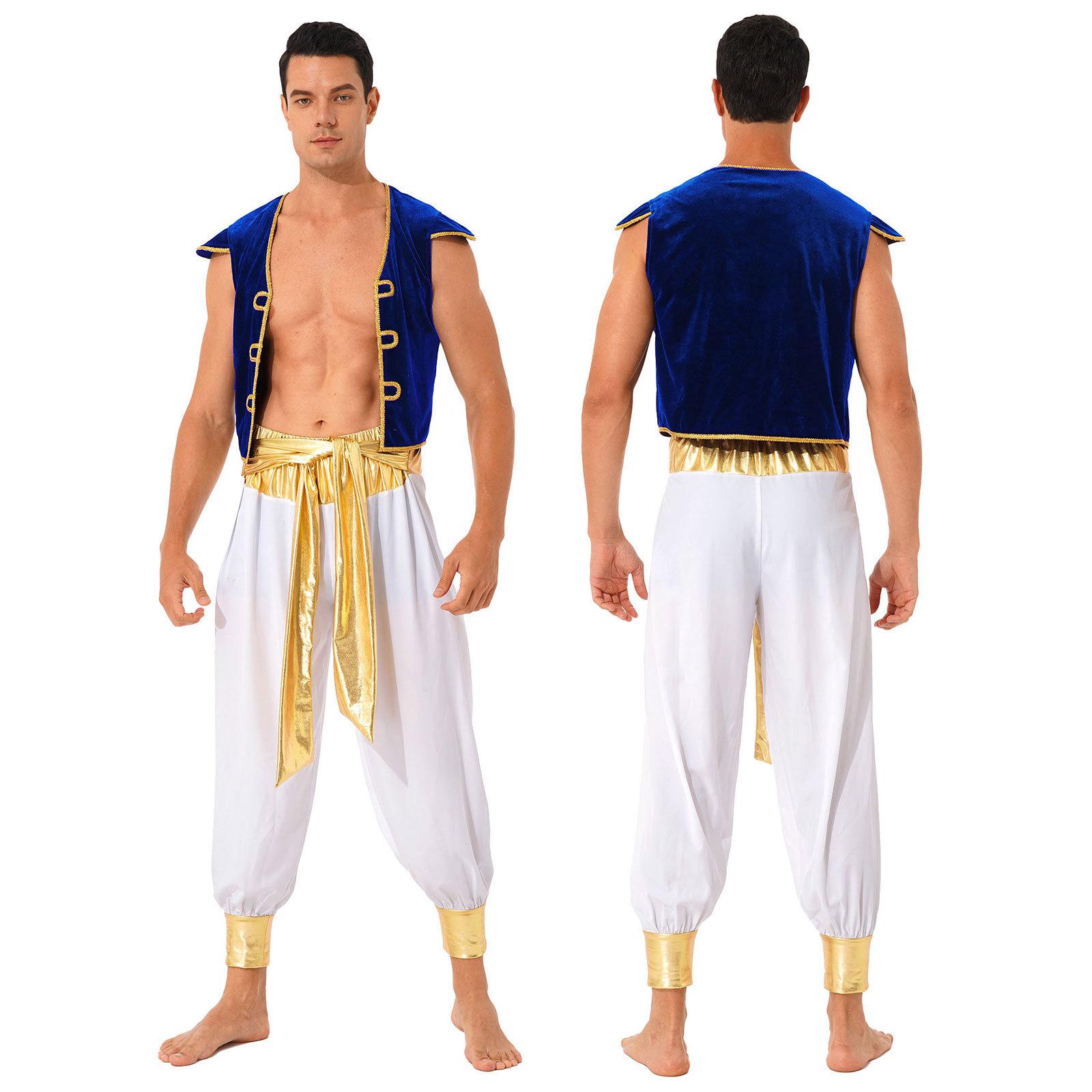 Herren Arabischer Prinz Kostüm Kurzarmweste mit Gürtel Pluderhose Rollenspiel Halloween Kostümball Outfit 3XL blau von Joom DACH
