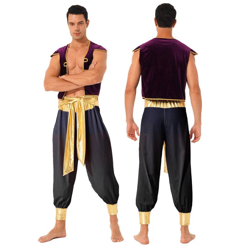 Herren Arabischer Prinz Kostüm Kurzarmweste mit Gürtel Pluderhose Rollenspiel Halloween Kostümball Outfit M schwarz von Joom DACH