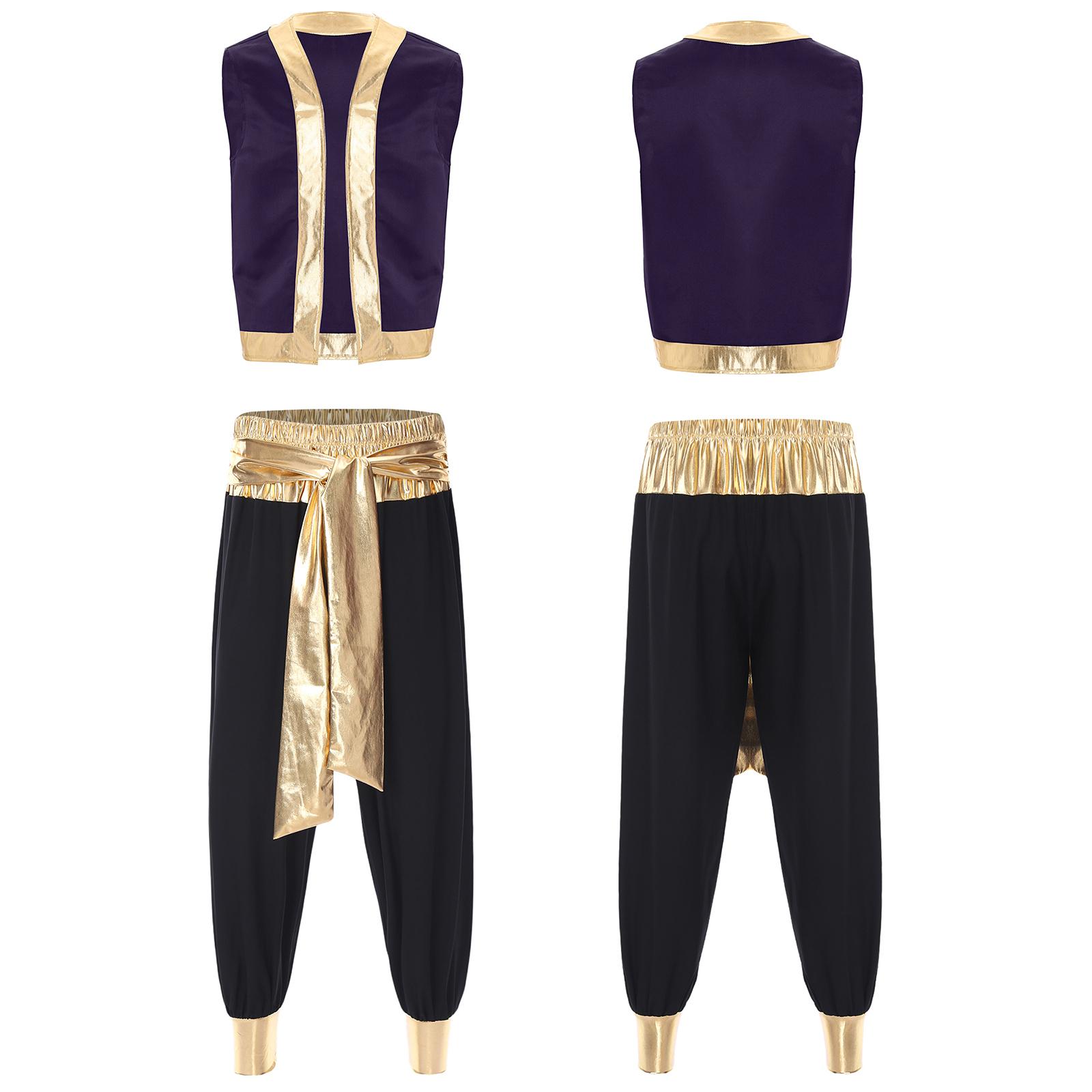 Herren Arabischer Prinz Kostüm Set Metallic Glänzender Besatz Offene Weste Lange Hose Zweiteiliges Party Outfit M violett/schwarz von Joom DACH