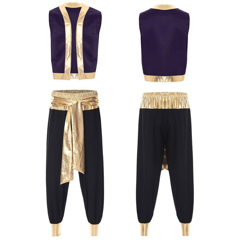 Herren Arabischer Prinz Kostüm Set Metallic Glänzender Besatz Offene Weste Lange Hose Zweiteiliges Party Outfit M violett/schwarz von Joom DACH