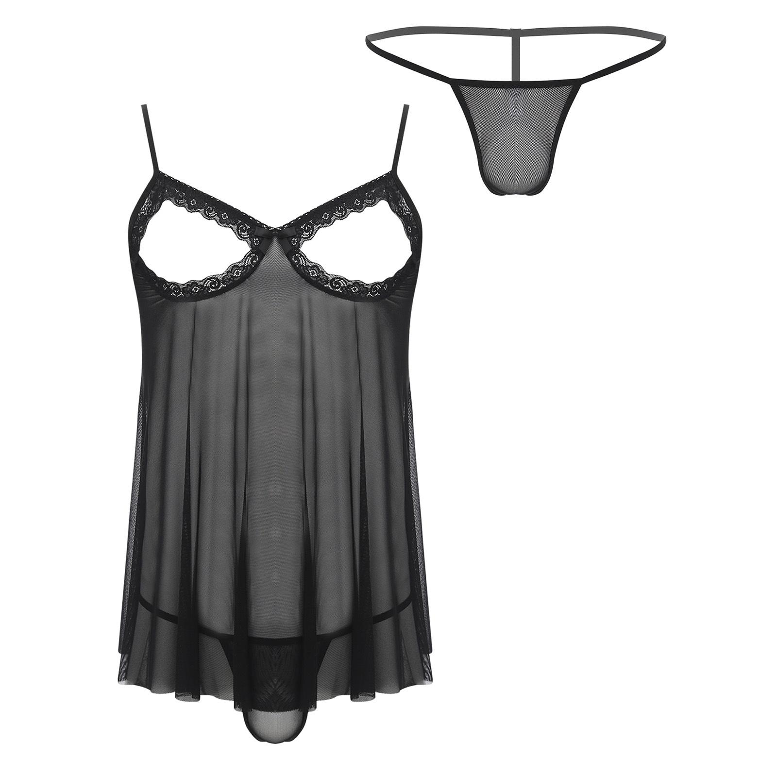 Herren-Babydoll-Nachthemd aus transparenter Netzspitze, Übergröße, offenes Design vorne, verstellbare Spaghettiträger, passendes G-String-Set L schwarz Herren-Babydoll-Nachthemd aus transparenter Netzspitze, Übergröße, offenes Design vorne, verstellbare Spaghettiträger, passendes G-String-Set L schwarz von Joom DACH