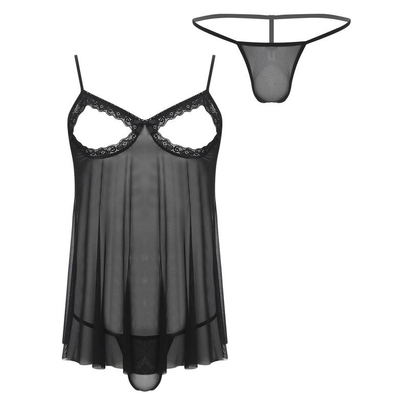 Herren-Babydoll-Nachthemd aus transparenter Netzspitze, Übergröße, offenes Design vorne, verstellbare Spaghettiträger, passendes G-String-Set L schwarz Herren-Babydoll-Nachthemd aus transparenter Netzspitze, Übergröße, offenes Design vorne, verstellbare Spaghettiträger, passendes G-String-Set L schwarz von Joom DACH