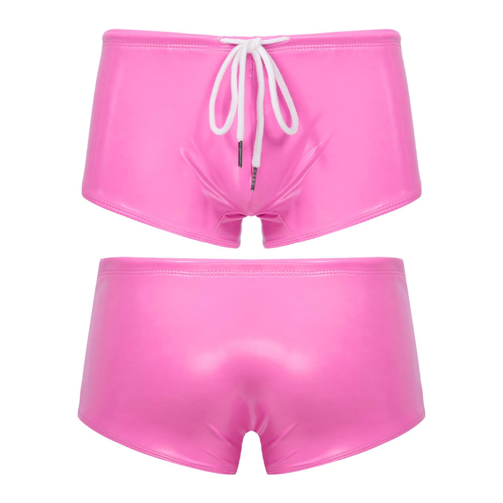 Herren-Badehose aus Lackleder im Wet-Look mit niedrigem Bund und Kordelzug, Boxershorts, Badebekleidung 4XL rosa von Joom DACH