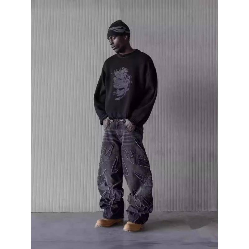 Herren Baggy Ästhetische Streetwear Jeans Männlich Retro Mode Weitbeinige Denimhosen Grafisch Bestickt Designer Hip Hop Denimhose M schwarz von Joom DACH