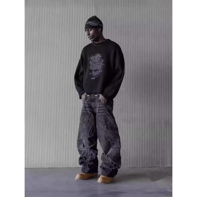Herren Baggy Ästhetische Streetwear Jeans Männlich Retro Mode Weitbeinige Denimhosen Grafisch Bestickt Designer Hip Hop Denimhose M schwarz von Joom DACH