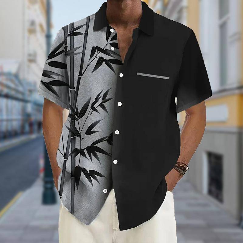 Herren Bamboo Shadow Elegantes 3D-Druck-Hemd Button-Up-Hemd Freizeithemd Sommerhemd Kurzarm Tägliche Urlaubskleidung S schwarz von Joom DACH