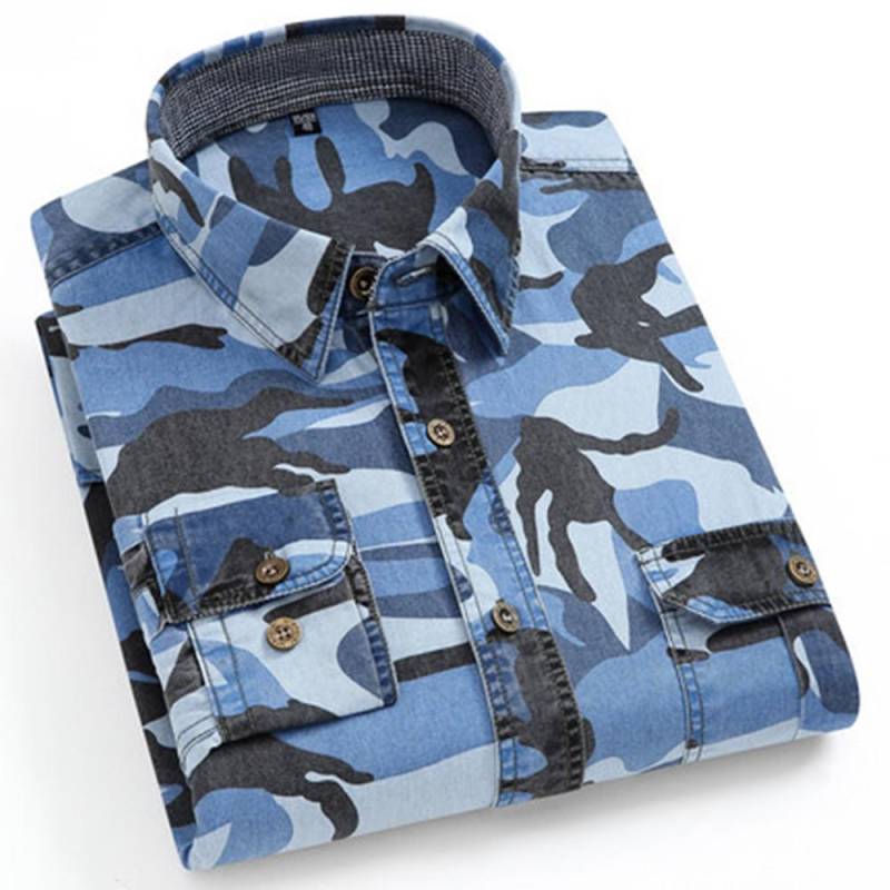 Herren Baumwolle Camouflage Cargo Hemden Hohe Qualität Outdoor Wandern Sport Langarm Freizeithemden Herren 43 meer-blaue/camouflage von Joom DACH