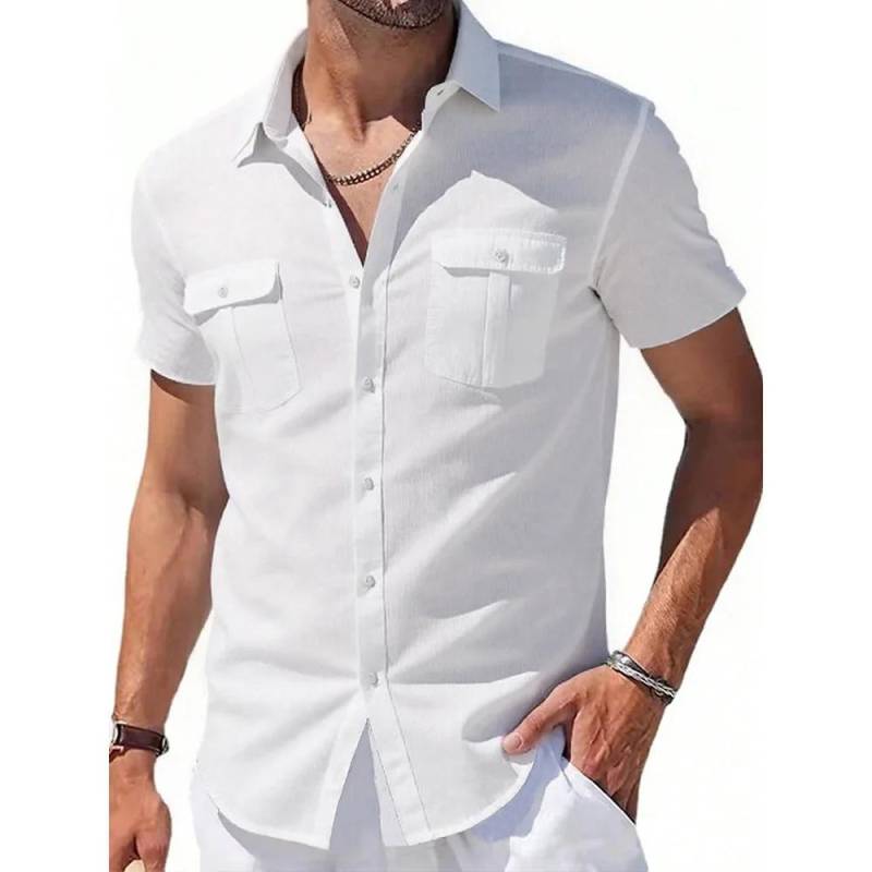 Herren Baumwollleinenhemden Kurzarm Sommer Atmungsaktiv Kentkragen Lässig Button-Down-Hemd L weiß von Joom DACH