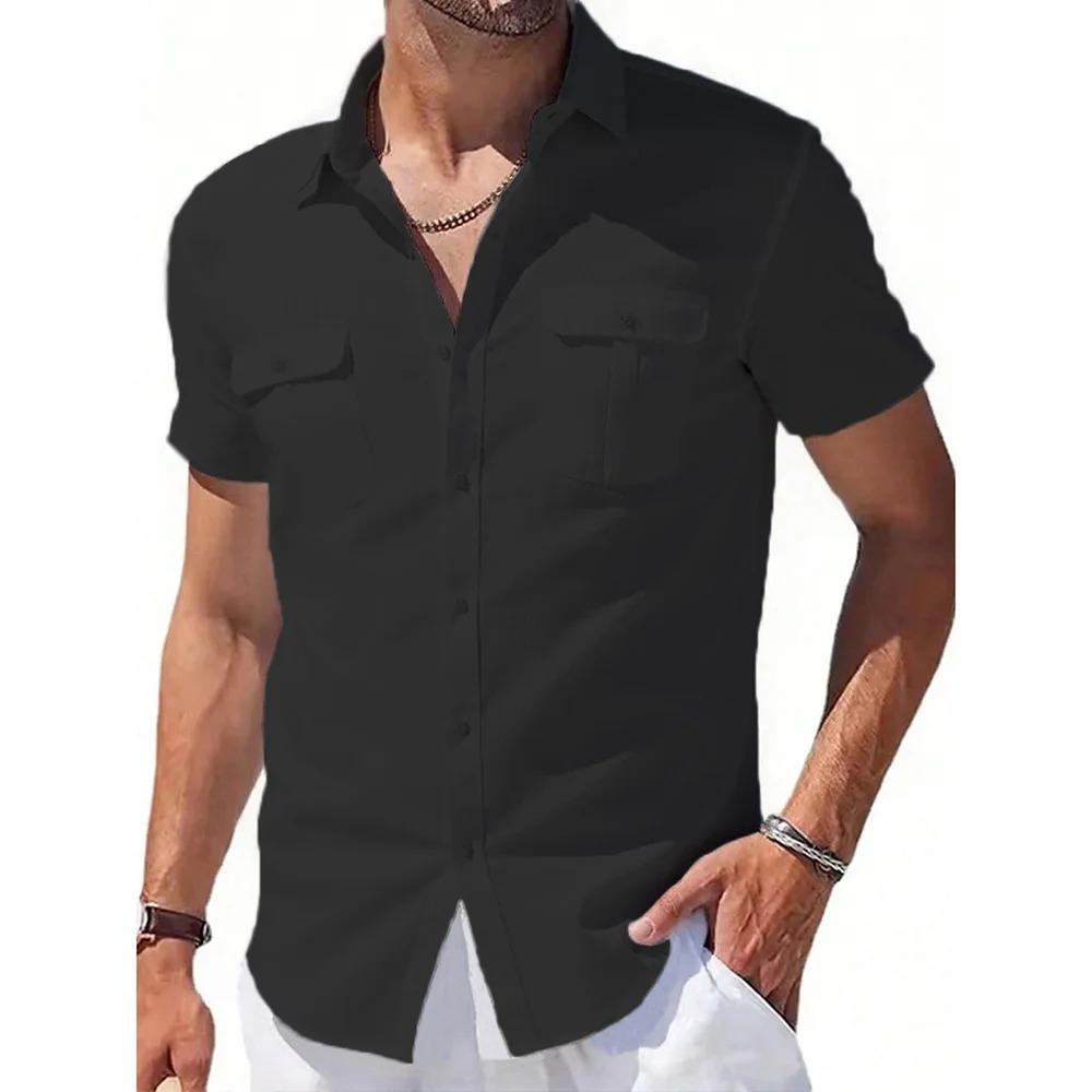 Herren Baumwollleinenhemden Kurzarm Sommer Atmungsaktiv Kentkragen Lässig Button-Down-Hemd XXXL schwarz von Joom DACH