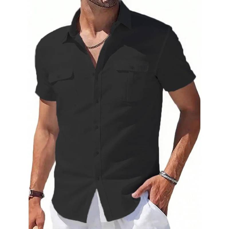Herren Baumwollleinenhemden Kurzarm Sommer Atmungsaktiv Kentkragen Lässig Button-Down-Hemd XXXL schwarz von Joom DACH
