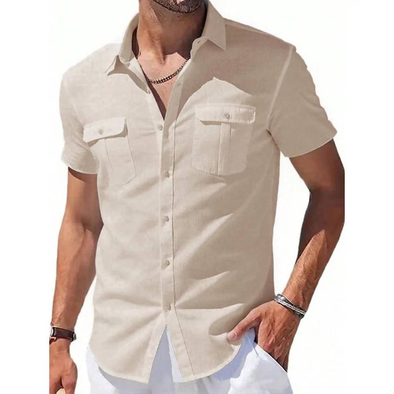 Herren Baumwollleinenhemden Kurzarm Sommer Atmungsaktiv Kentkragen Lässig Button-Down-Hemd XXXL khaki von Joom DACH