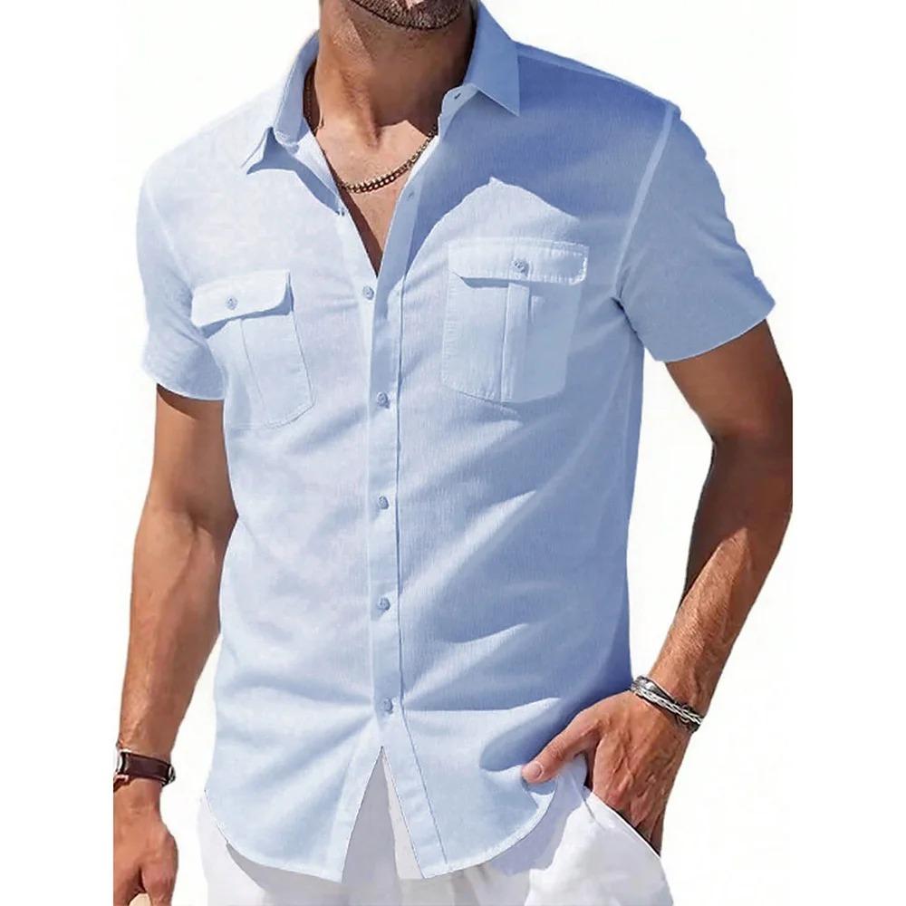 Herren Baumwollleinenhemden Kurzarm Sommer Atmungsaktiv Kentkragen Lässig Button-Down-Hemd XXXL blau von Joom DACH
