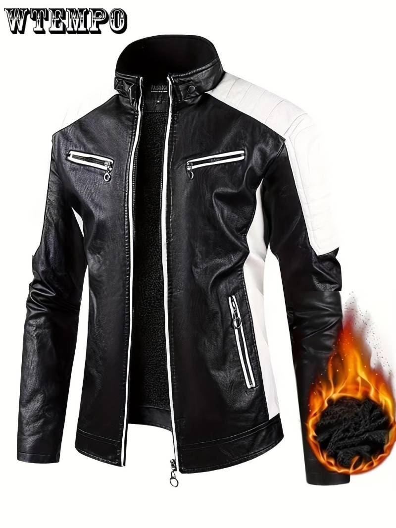 Herren Bikerjacke aus Kunstleder mit Fleecefutter - Wasserdicht, Winddicht mit Stehkragen, Lässiges Farbblock-Design, Reißverschluss L weiß von Joom DACH