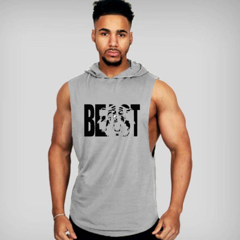 Herren Bodybuilding Fitness Sport Weste Kapuzen ärmelloses T-Shirt Fünf-Sterne-Nähte lose große Größe XL graue von Joom DACH
