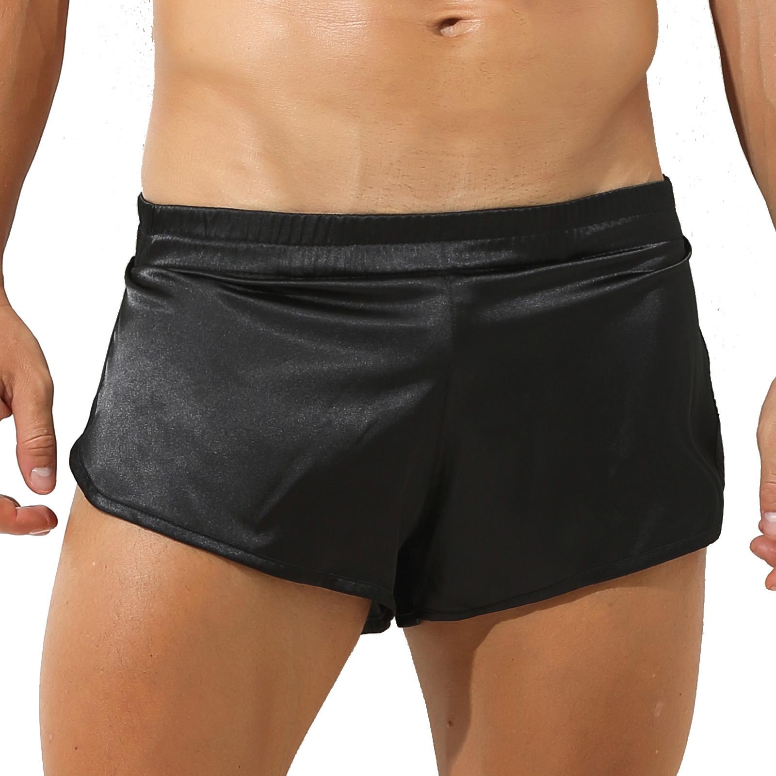 Herren-Boxershorts aus Satin mit niedriger Taille und seitlichem Schlitz, elastischem Bund, Shorts, Unterhose, Nachtwäsche L schwarz von Joom DACH