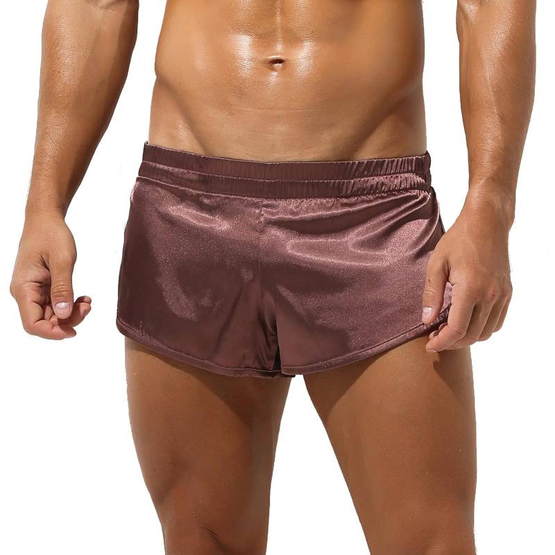 Herren-Boxershorts aus Satin mit niedriger Taille und seitlichem Schlitz, elastischem Bund, Shorts, Unterhose, Nachtwäsche L kaffeebraun von Joom DACH