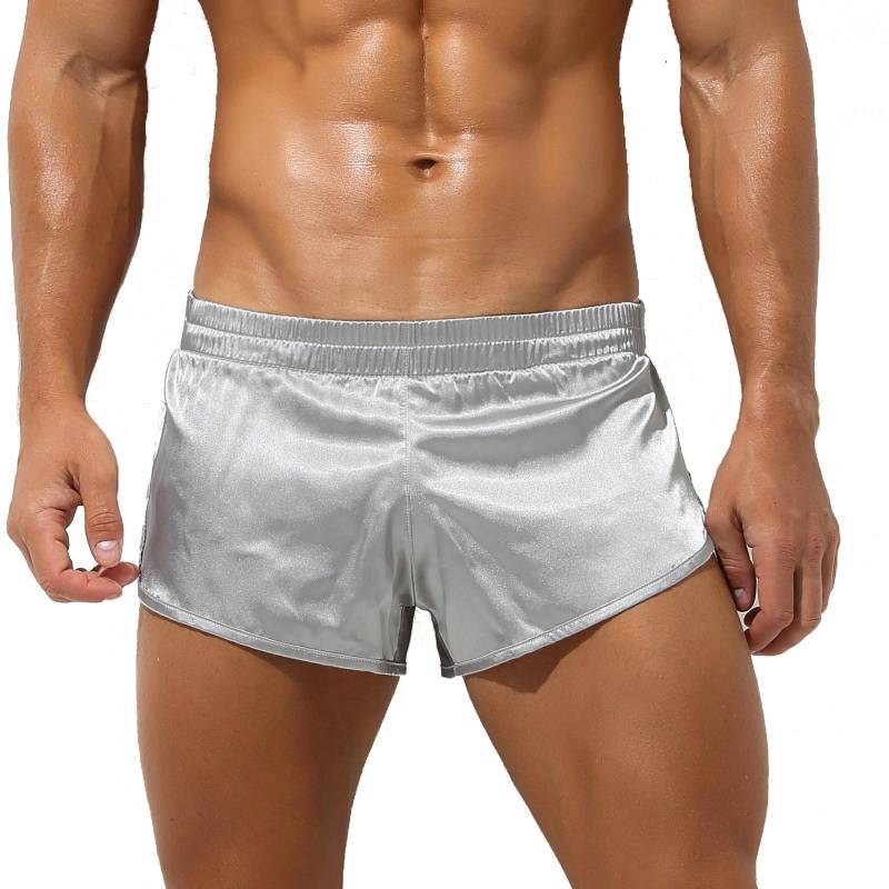 Herren-Boxershorts aus Satin mit niedriger Taille und seitlichem Schlitz, elastischem Bund, Shorts, Unterhose, Nachtwäsche XL grau von Joom DACH