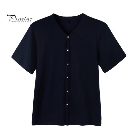 Herren Button-Down-T-Shirt, einfarbig, V-Ausschnitt, kurzärmelig, Sommer, lässig, atmungsaktiv, Oberteil für den täglichen Gebrauch auf der Straße XXXL navy blau von Joom DACH