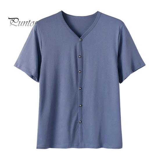 Herren Button-Down-T-Shirt, einfarbig, V-Ausschnitt, kurzärmelig, Sommer, lässig, atmungsaktiv, Oberteil für den täglichen Gebrauch auf der Straße XXXXL blau/grau von Joom DACH