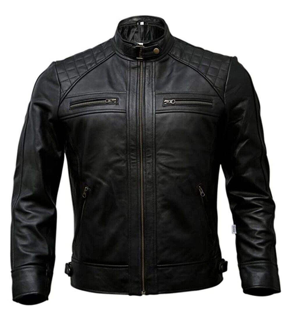 Herren Café Racer Biker Lederjacke Schwarz Motorrad Echtleder Handgefertigt L schwarz von Joom DACH
