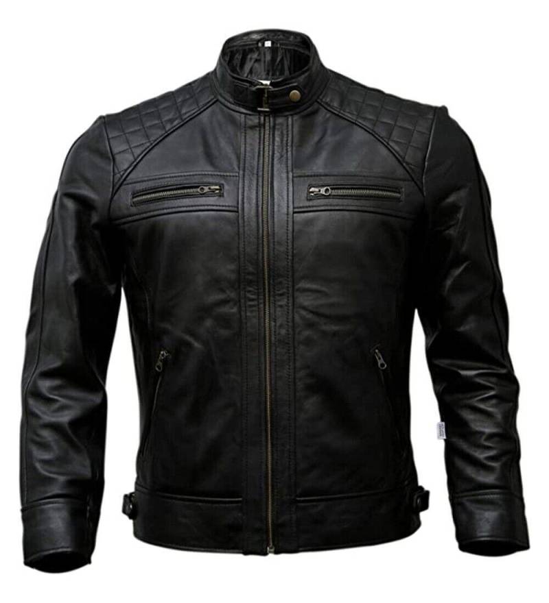 Herren Café Racer Biker Lederjacke Schwarz Motorrad Echtleder Handgefertigt L schwarz von Joom DACH
