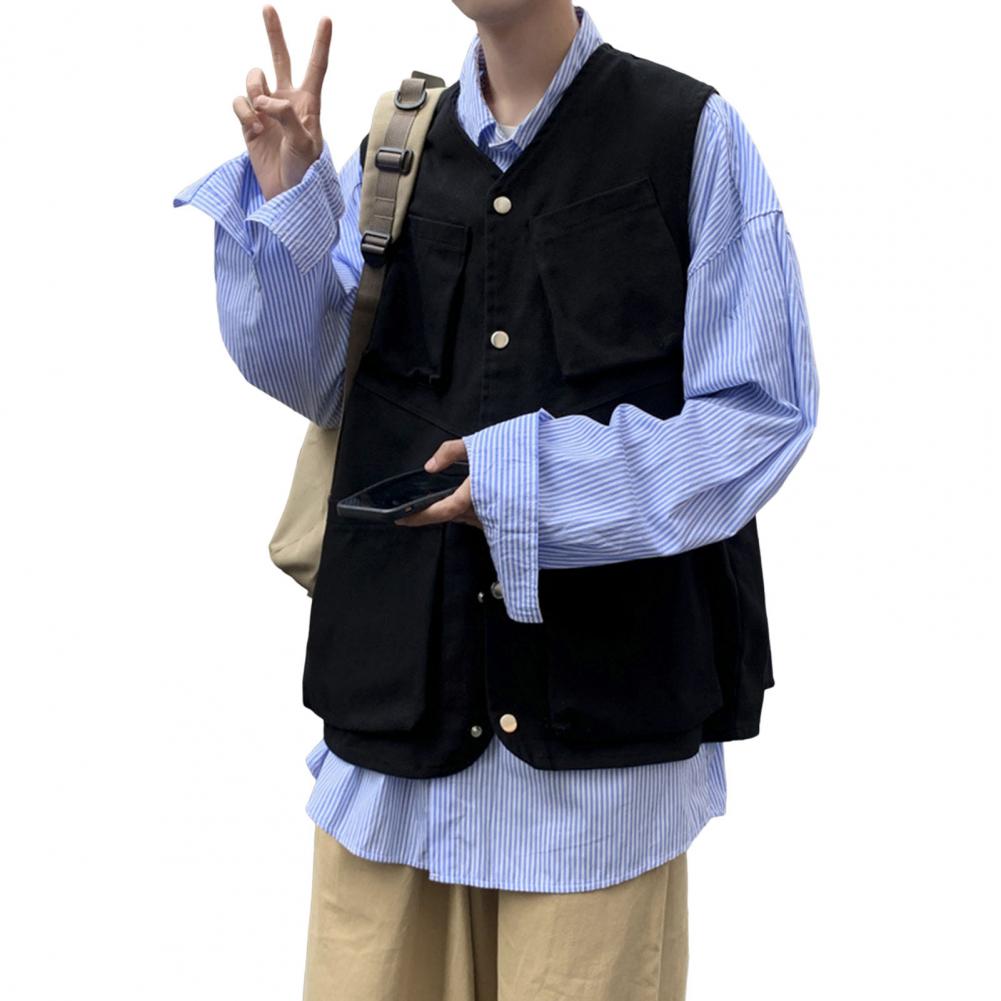 Herren Cargo Weste Ärmellos Einreihig Mehrfaches Taschen Design Einfarbig Sportweste Outdoor Streetwear M schwarz von Joom DACH