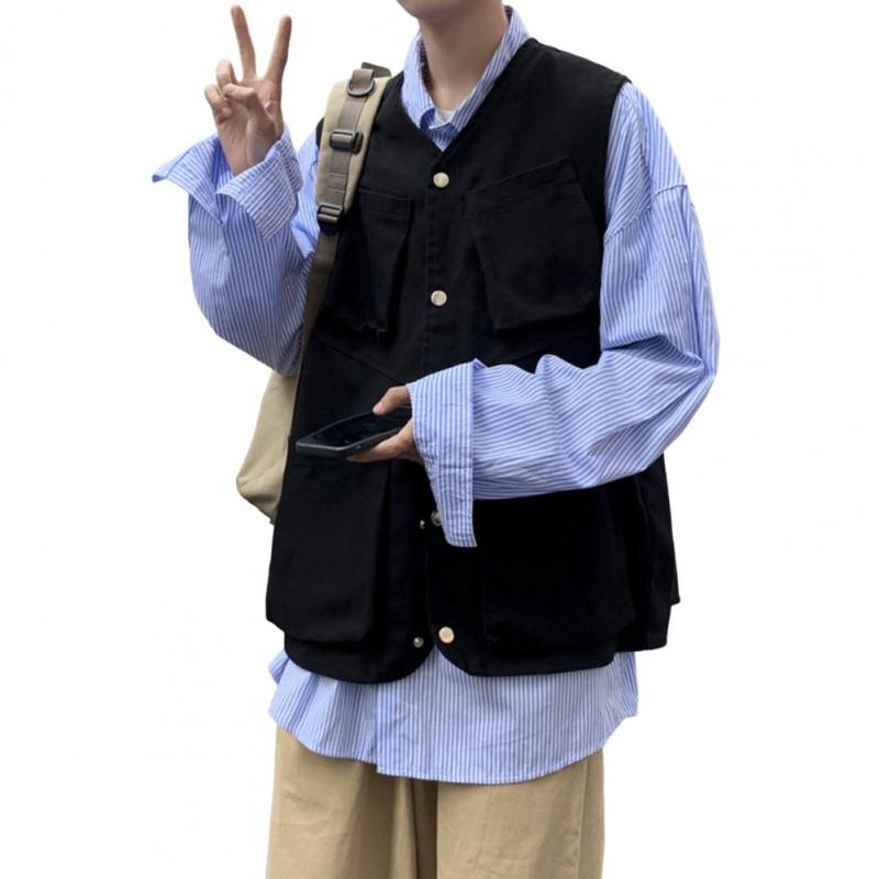 Herren Cargo Weste Ärmellos Einreihig Mehrfaches Taschen Design Einfarbig Sportweste Outdoor Streetwear M schwarz von Joom DACH