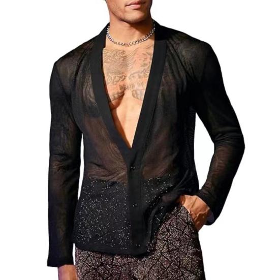 Herren Club Shirt Ultradünnes durchsichtiges Mesh V-Ausschnitt Button-Down Langarm Muskelshirt Männer Top Party Performance Top XL schwarz von Joom DACH