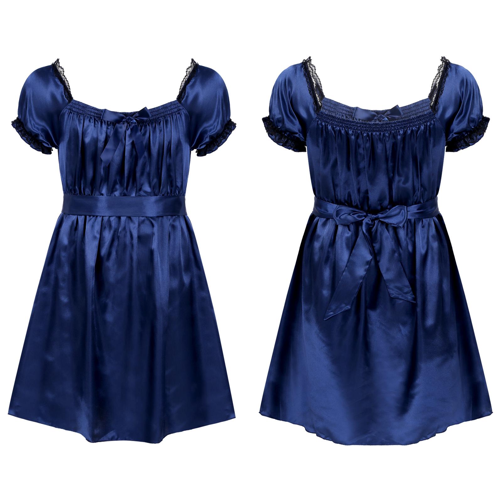 Herren-Crossdress-Dessouskleid mit Rüschen aus seidigem Satin, Sissy-Dienstmädchen-Nachtwäsche-Nachthemd XL navy blau von Joom DACH