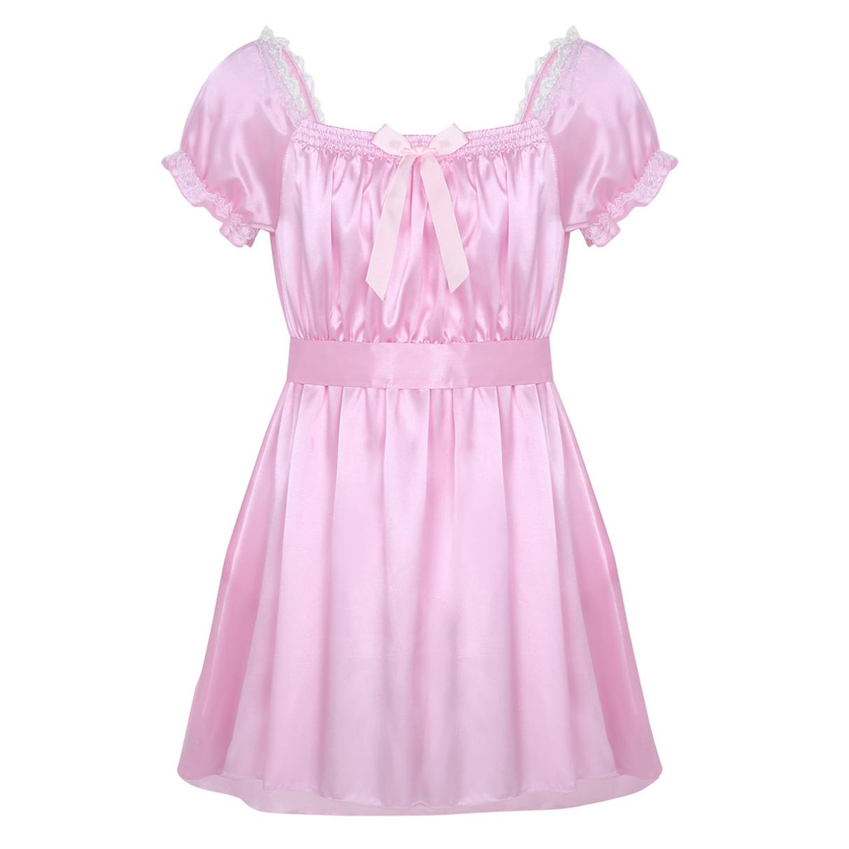 Herren-Crossdress-Dessouskleid mit Rüschen aus seidigem Satin, Sissy-Dienstmädchen-Nachtwäsche-Nachthemd XXL rosa von Joom DACH