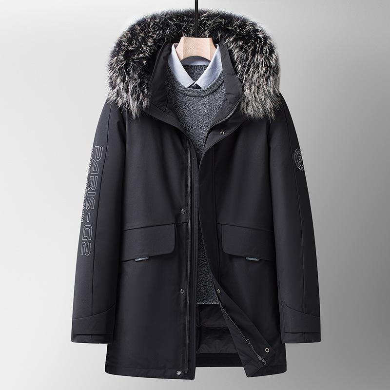 Herren Daunenjacke Winter Neu Silberfuchs Pelzkragen Verdickt Outdoor Kältefest Mittellang Daunenjacke für Herren L schwarz von Joom DACH