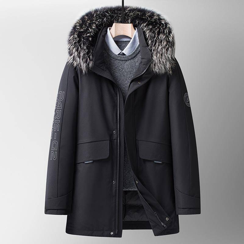 Herren Daunenjacke Winter Neu Silberfuchs Pelzkragen Verdickt Outdoor Kältefest Mittellang Daunenjacke für Herren L schwarz von Joom DACH
